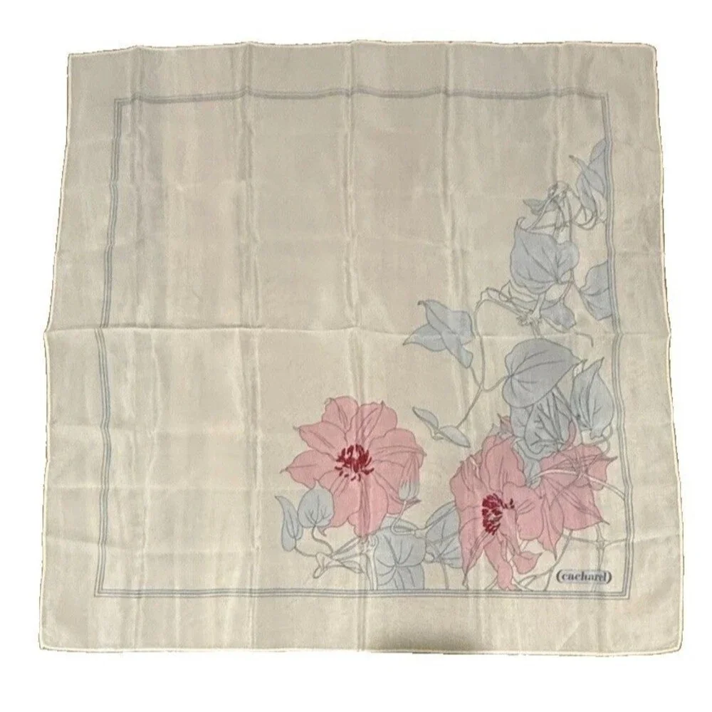 Vintage Cacharel Silk Floral Scarf ”Pastels Colors Hand Rolled